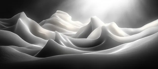 Monochrome mountain-like waves with soft glow and dramatic shadows across a textured gradient horizon