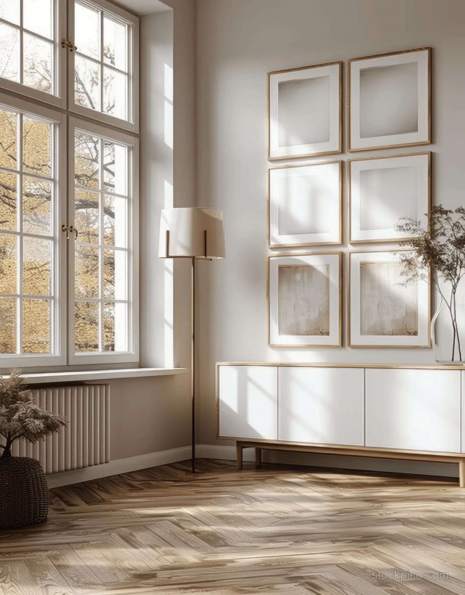 Sunlit Scandinavian living room showing blank wooden picture frames on the wall beside a floor lamp and plants.