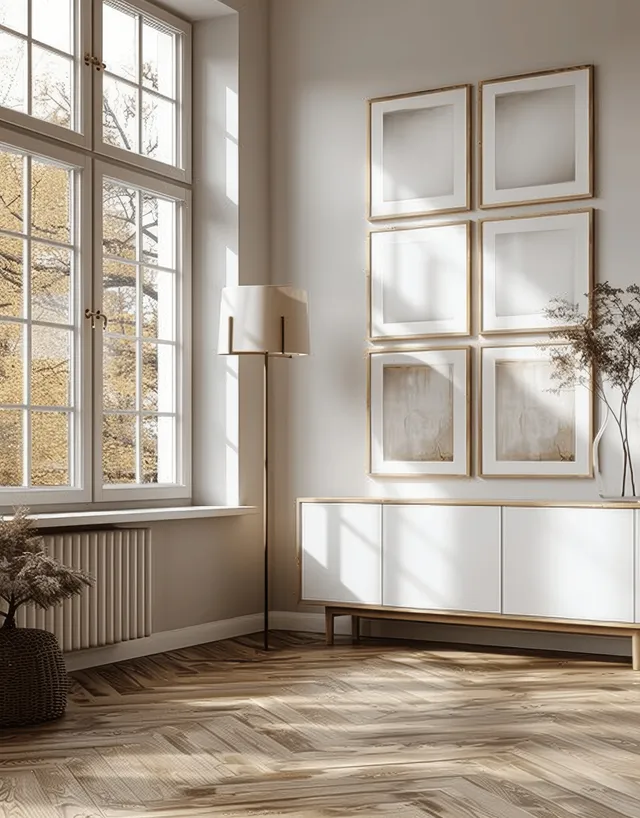 Sunlit Scandinavian living room showing blank wooden picture frames on the wall beside a floor lamp and plants.