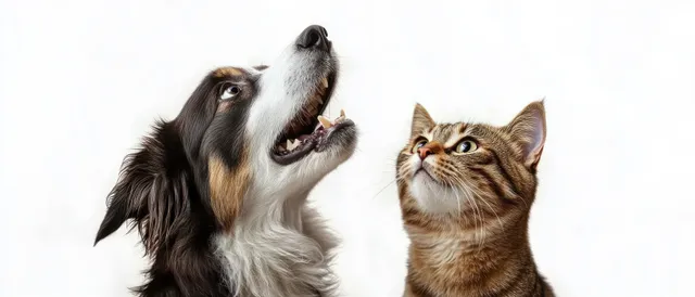 Close-up of black-and-white dog and brown tabby cat looking upward on white background