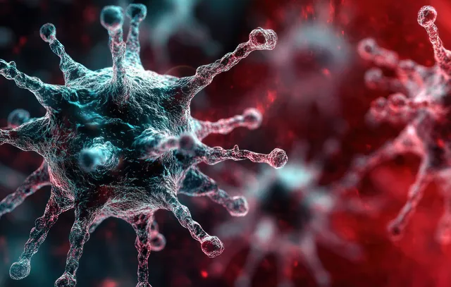 A spiked viral particle floats in a red and blue glowing microscopic scene with blurred microbes behind it.