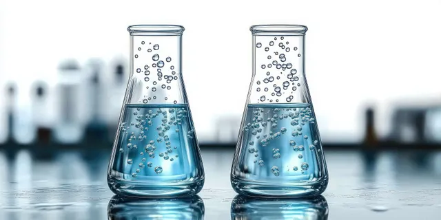 Two clear lab flasks with blue bubbling liquid release bubbles on a reflective surface with blurred lab tools behind them.