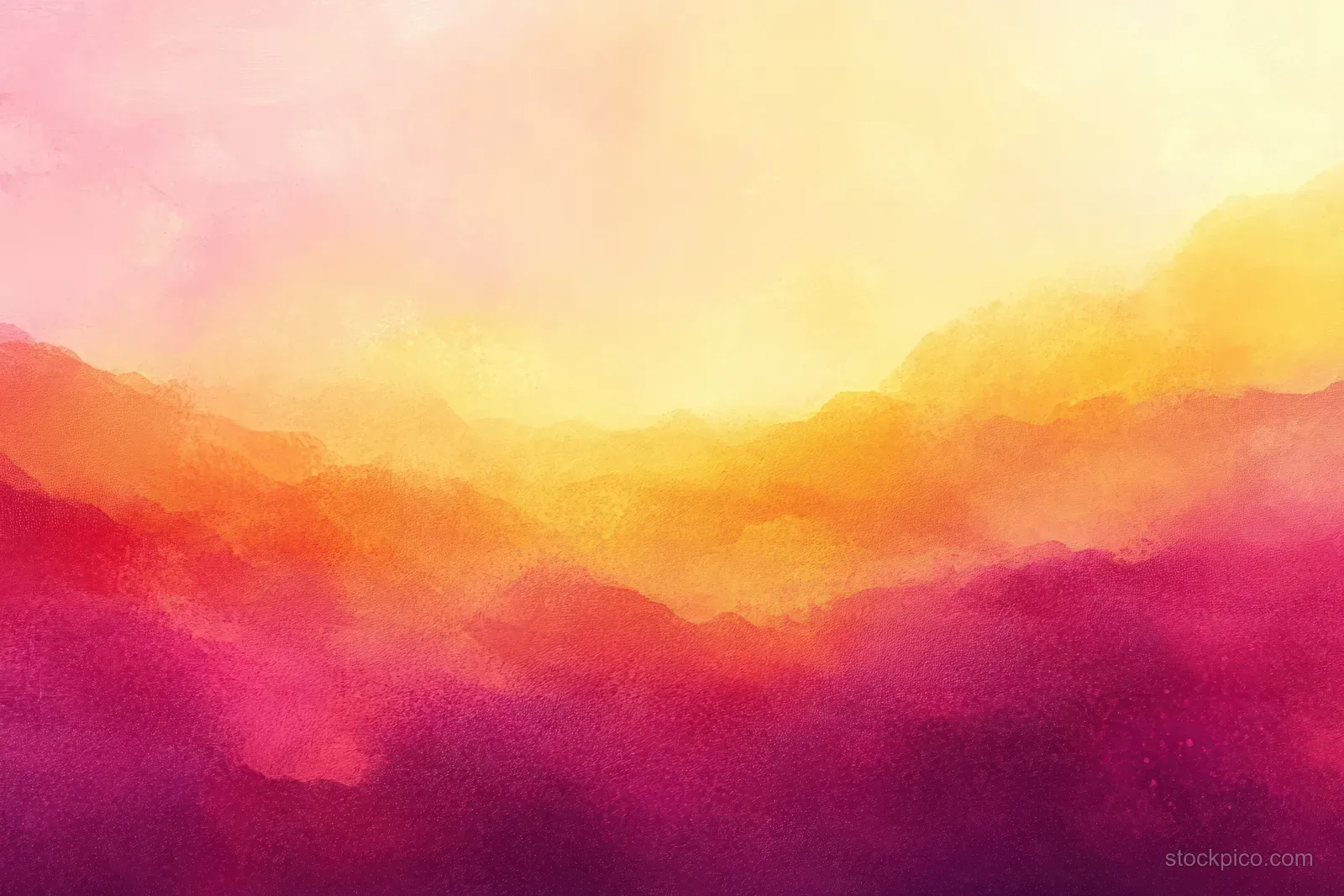 Layered watercolor mountains fade into a soft pastel sunset gradient with drifting mist and hazy texture.