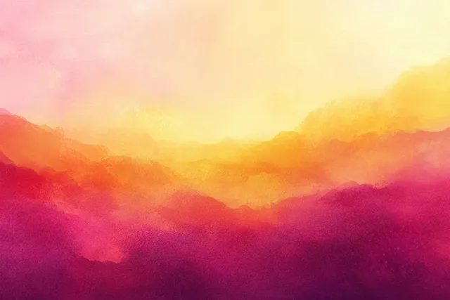 Dreamy watercolor mountain haze with soft pastel sunset gradients and flowing mist