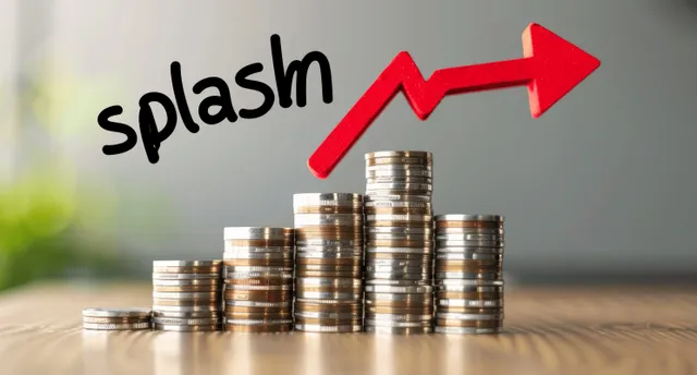 Coin stack rising with red arrow labeled inflation and blurred finance chart background