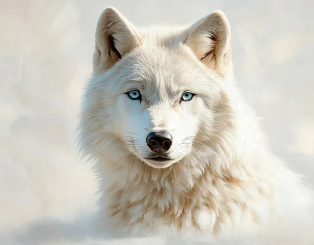 White wolf close-up with thick fur and piercing blue eyes staring forward in a snowy, blurred background.