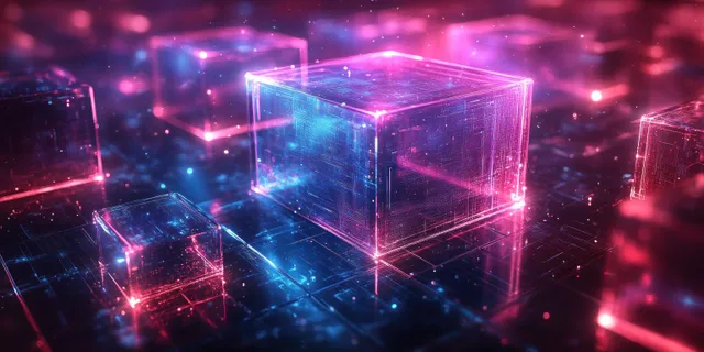 Transparent neon cubes and rectangular frames float on a dark geometric background.
