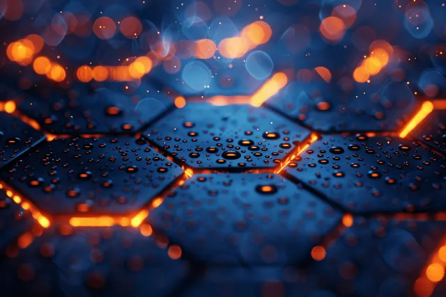Glowing blue nanotech lattice with carbon spheres and orange light arcs over a dark abstract circuit surface.