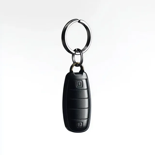 Black car key fob with metallic key ring keychain isolated on a clean white background.