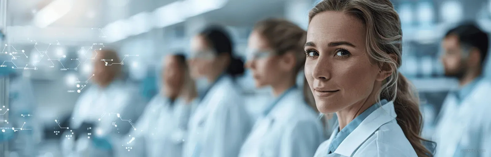 Doctor in a hospital corridor with stethoscope while colleagues stand behind and digital medical data overlays appear.