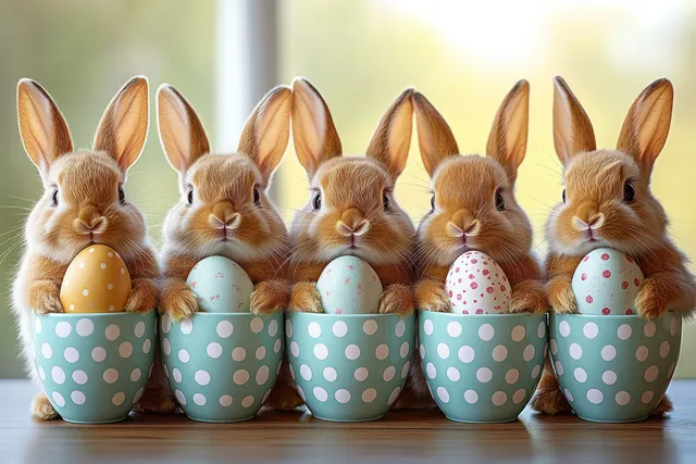 Five baby rabbits in blue polka-dot cups each holding a decorated Easter egg in soft window light.