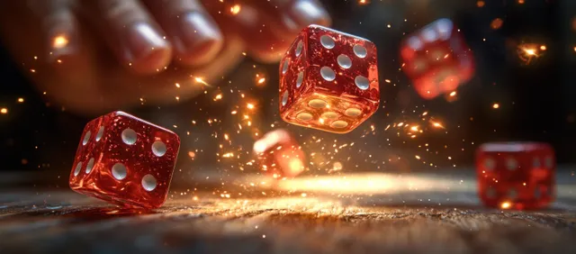 A hand tosses red dice across a rustic wooden table under dramatic dark chiaroscuro lighting with sparks.