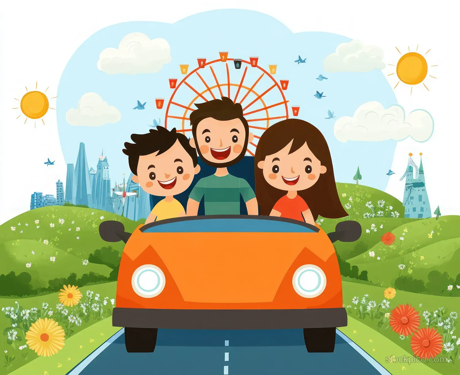 A cheerful family sits in an orange car on a road through green hills with a ferris wheel and sunny sky behind them.