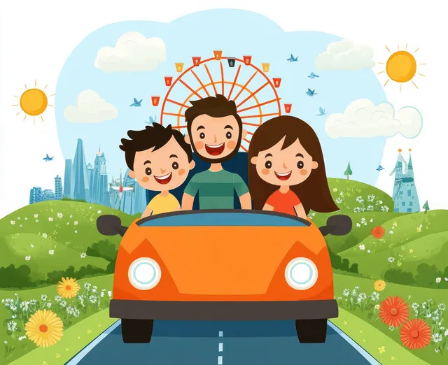 A cheerful family sits in an orange car on a road through green hills with a ferris wheel and sunny sky behind them.