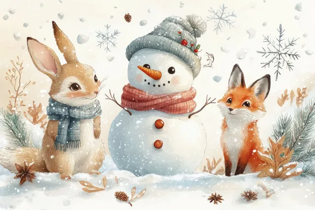 Watercolor snowman with fox and rabbit winter companions surrounded by snowflakes