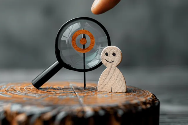 Magnifying glass inspecting a wooden figurine on cut log with orange target ring