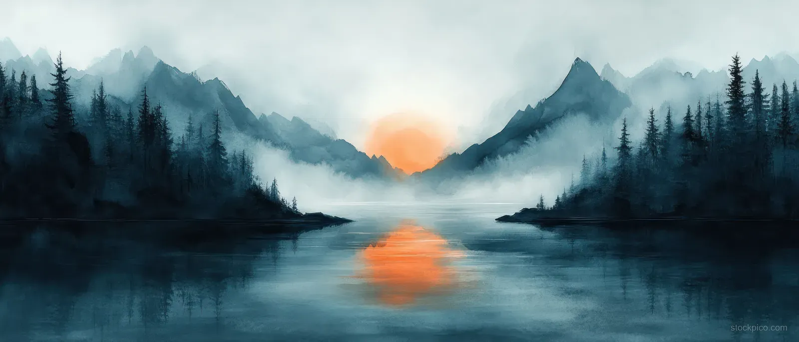 Misty river at sunrise with orange light reflecting on water and pine-covered mountains fading into fog.