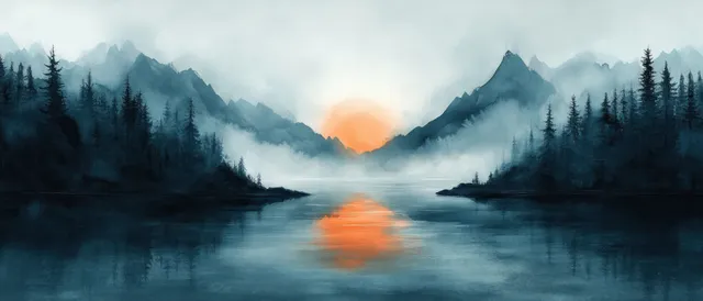 Misty river landscape with orange sunrise glow and layered pine forest in gray-blue fog