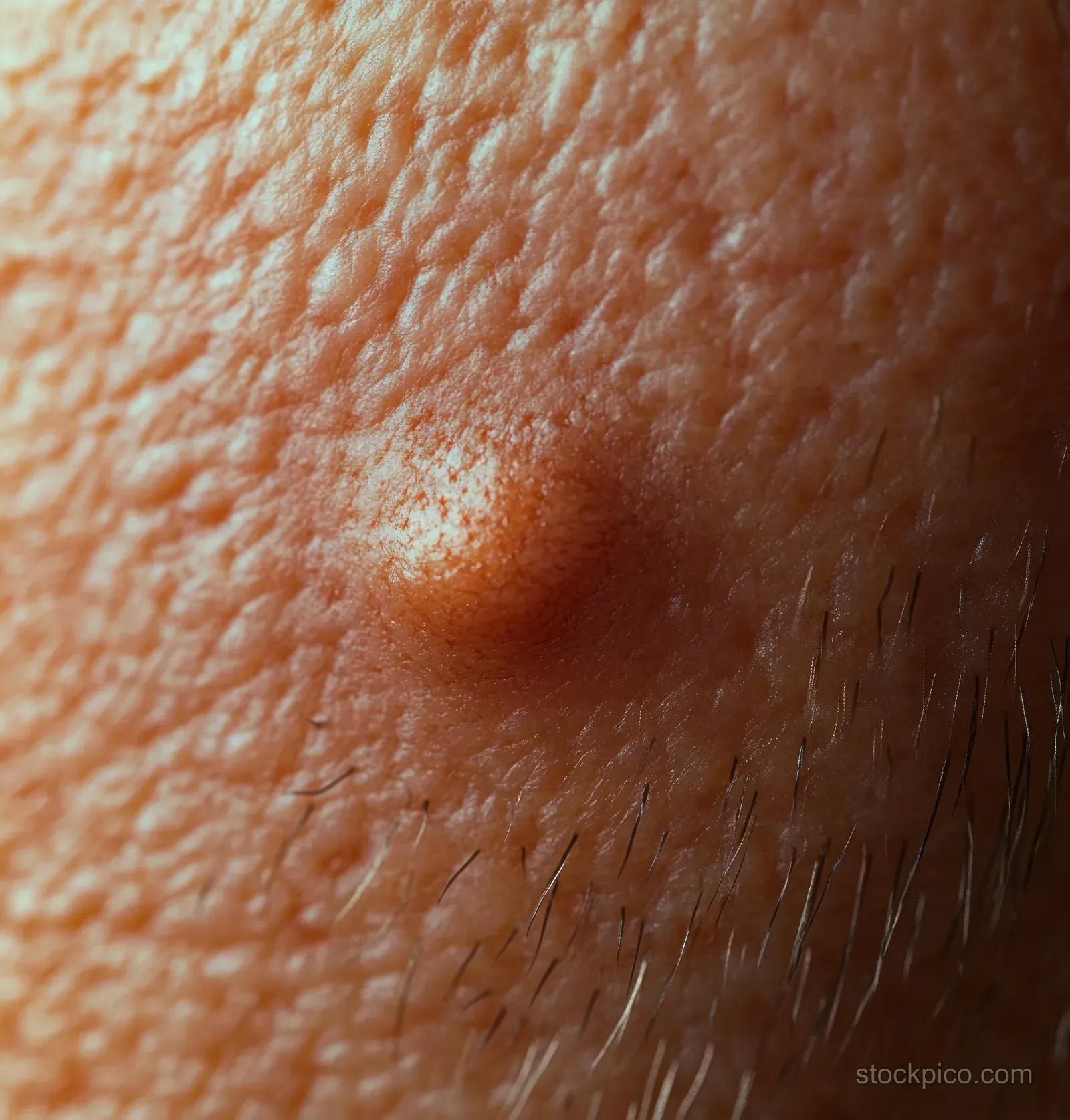 Close-up of human skin texture with a wasp sting bump and red swollen reaction.
