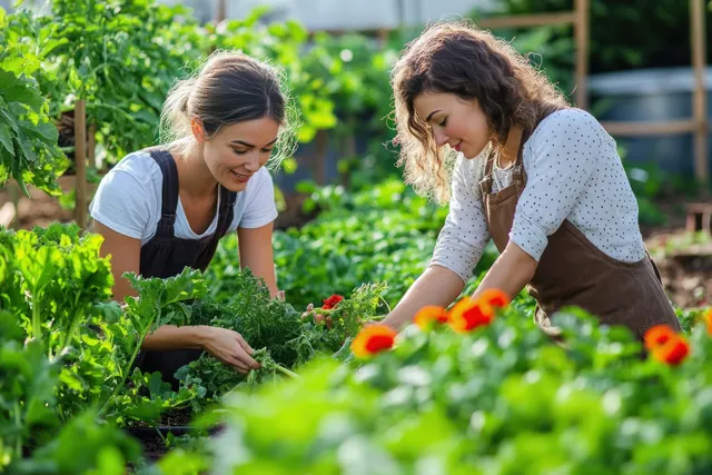 Two women crouch and tend leafy green vegetables in a sunlit garden with colorful flowers nearby.
