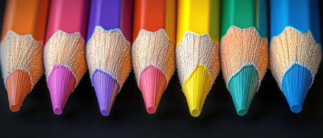 Row of sharpened colored pencils with orange, pink, purple, red, yellow, green, and blue tips on a dark background.