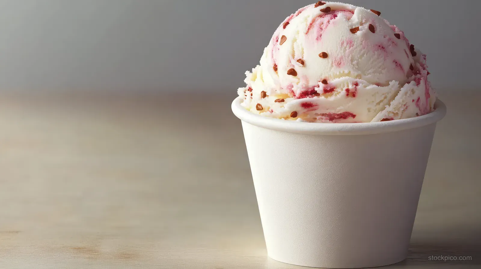 A single scoop of strawberry swirl ice cream with chocolate sprinkles in a plain white paper cup on a light surface.