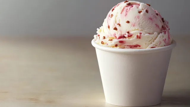 A single scoop of strawberry swirl ice cream with chocolate sprinkles in a plain white paper cup on a light surface.