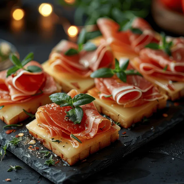 Prosciutto and cheese canapés topped with salmon on dark slate with herb garnish