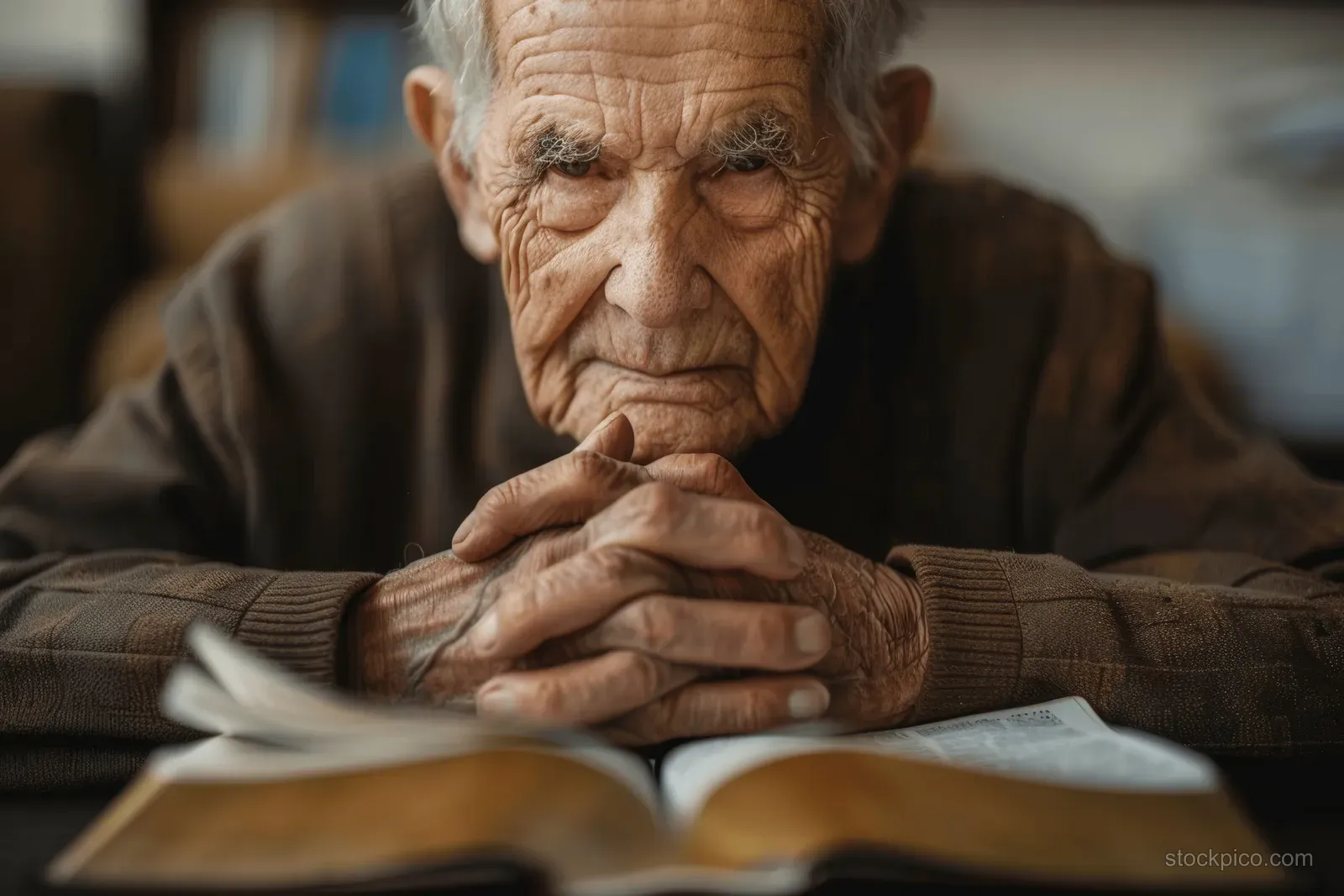 An elderly man prays with folded hands over an open Bible at a table.