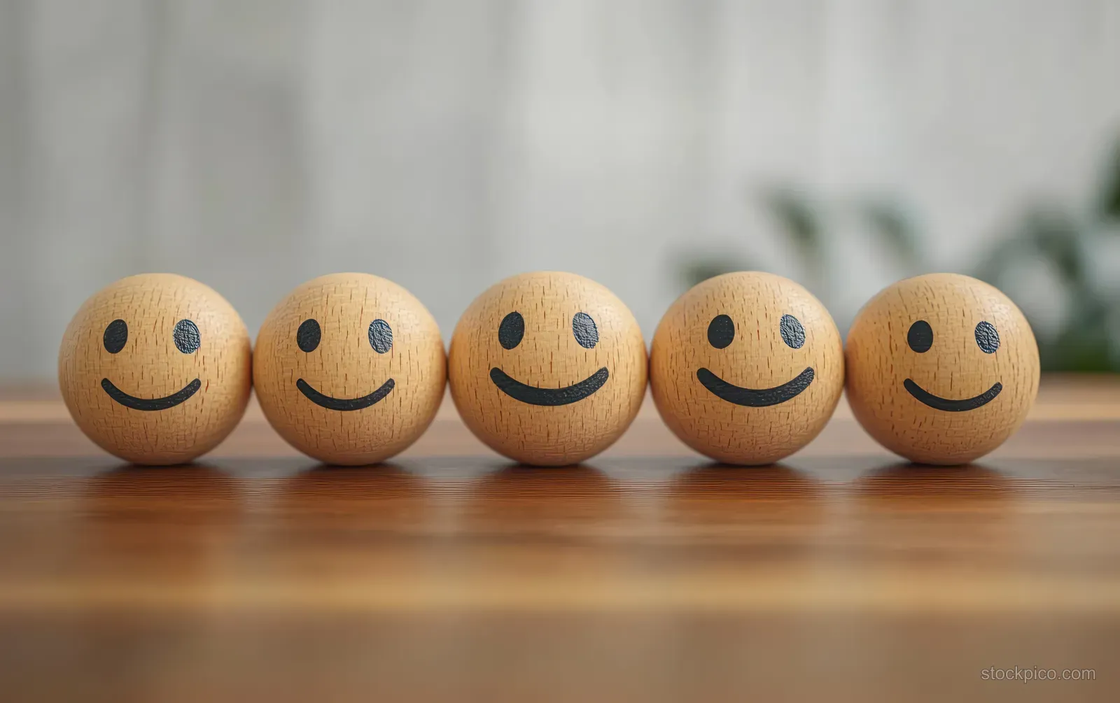 A line of smiling wooden emoji balls on a desk represents customer satisfaction ratings.