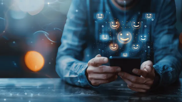 Man tapping smartphone with satisfaction icons overlay in a glowing virtual survey scene