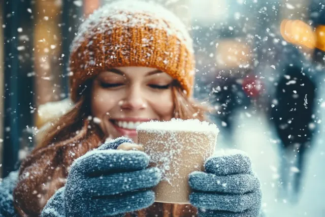 Smiling woman in winter knit hat holding a warm mug outdoors as snowflakes fall