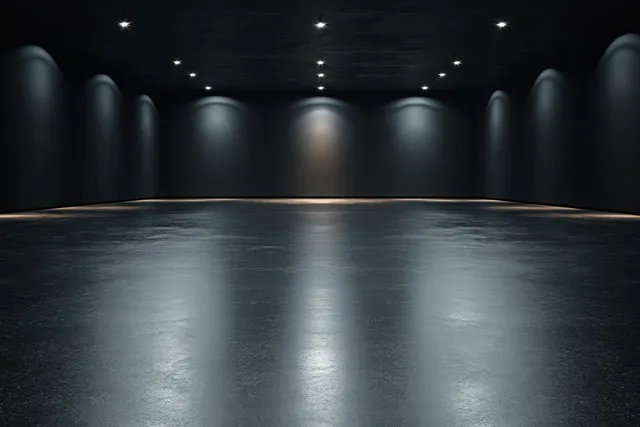 Empty dark stage with grey concrete floor under soft spotlight beams and glowing wall lights.