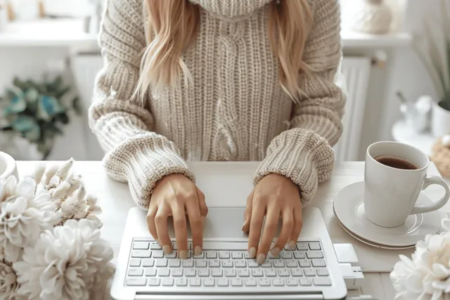 Woman typing on laptop at desk with coffee cup in softly lit modern office