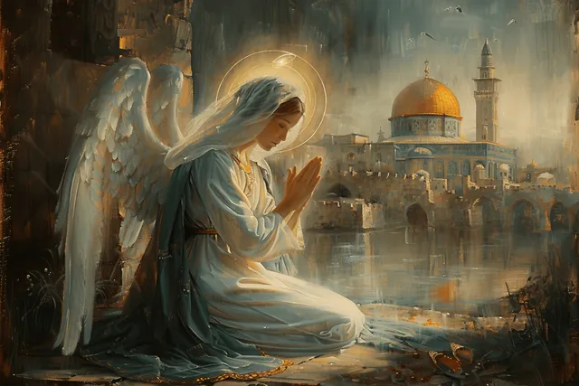 An angel guides a kneeling Virgin Mary in prayer with ancient Jerusalem domes and towers behind them.