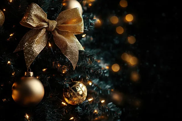 Golden Christmas tree ornaments and a glittery bow glow against dark evening bokeh lights.