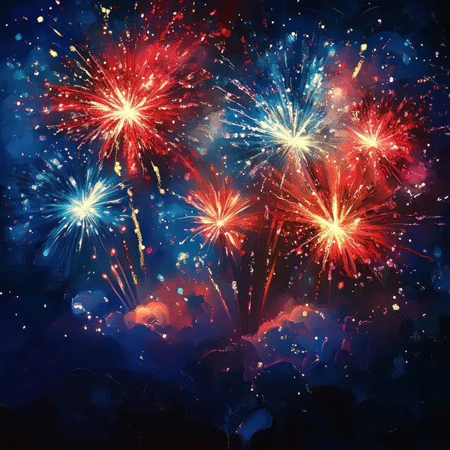 Patriotic fireworks bursting over dark night sky with red, white, and blue trails