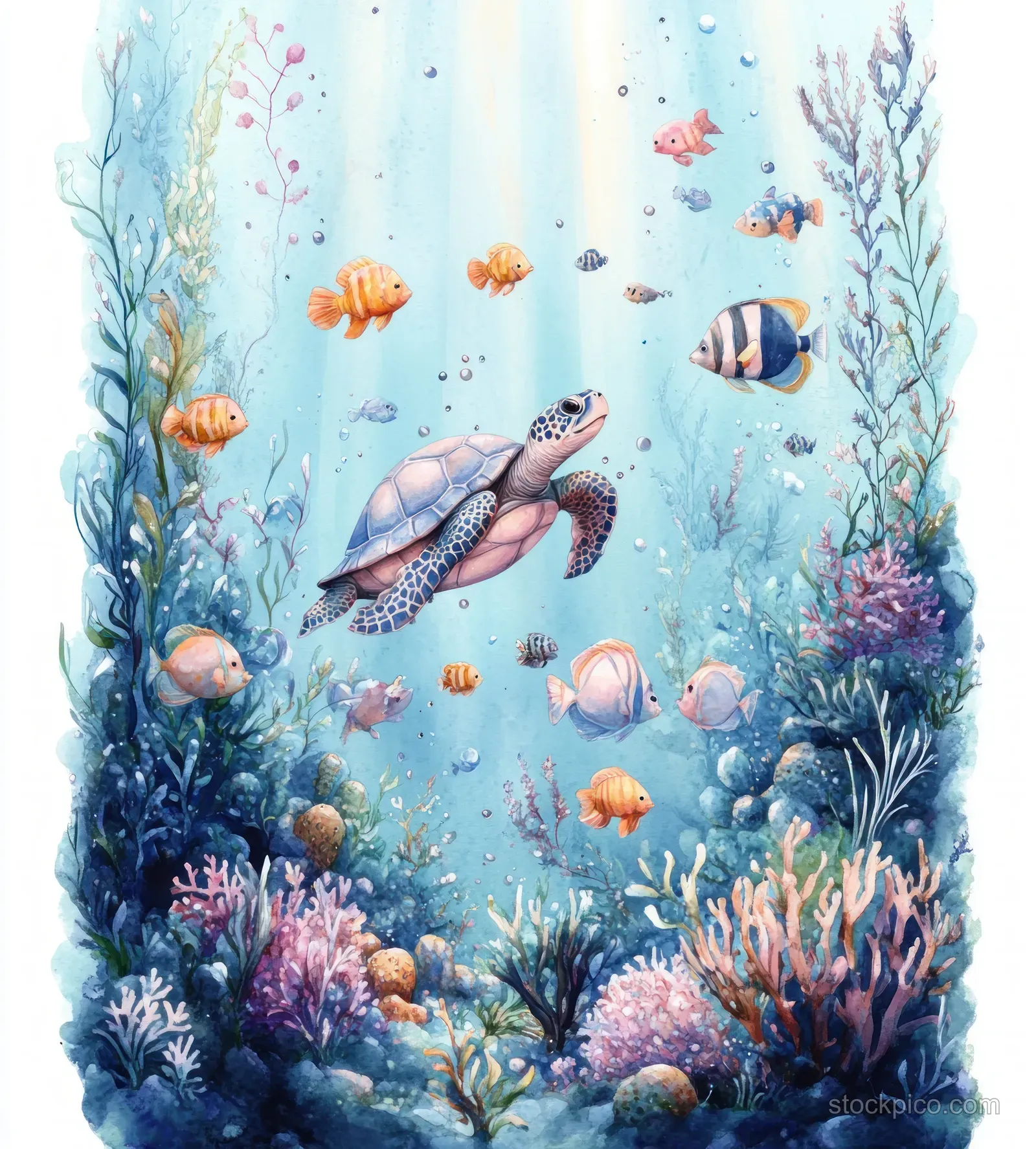 Pastel watercolor underwater lagoon with turtle and tropical fish around coral, jellyfish, whales, dolphins, and a mermaid silhouette.