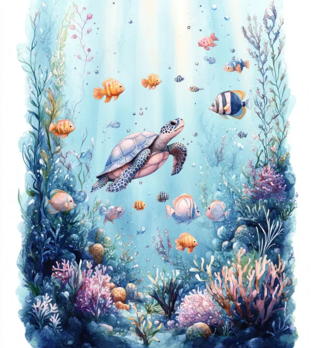 Whimsical underwater lagoon watercolor with turtle, fish, jellyfish, whale, dolphin, and mermaid