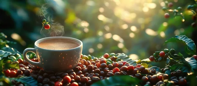 A steaming coffee cup sits on ripe coffee cherries with green leaves in warm sunlight and soft bokeh.