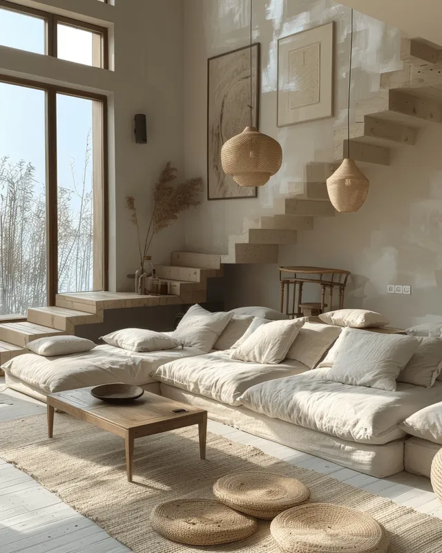 Beige boho living room with sofa, round coffee table, woven floor cushions, and hanging lamps beside large windows.