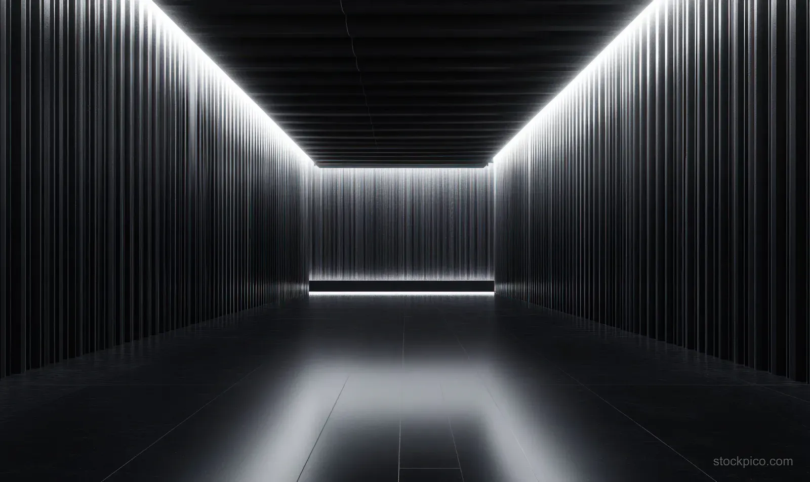 A dark futuristic corridor with vertical glowing light lines on walls and a luminous ceiling over a reflective floor.