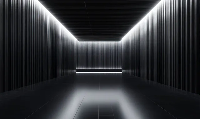 A dark futuristic corridor with vertical glowing light lines on walls and a luminous ceiling over a reflective floor.