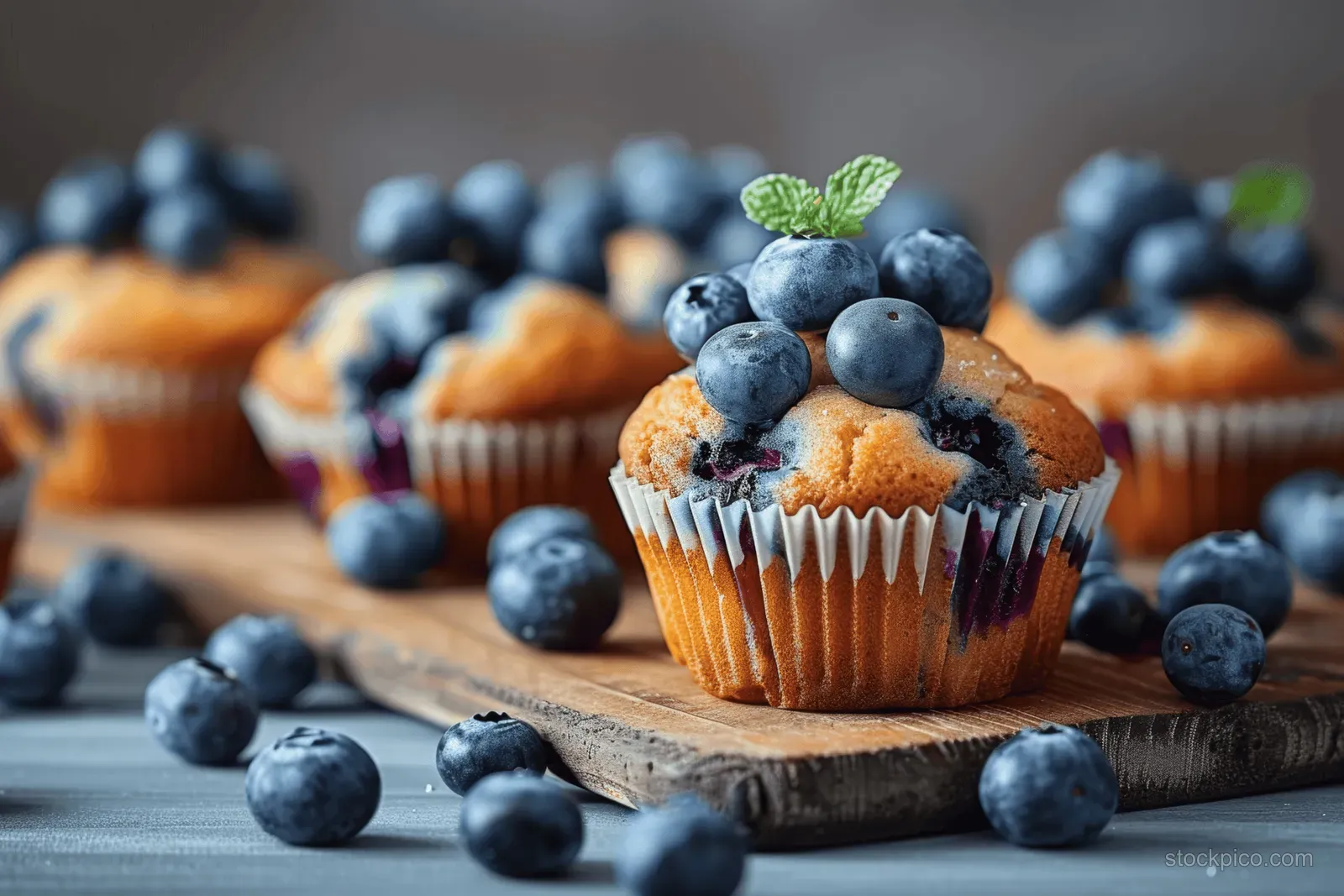 Blueberry muffin on a wooden board topped with fresh berries with scattered blueberries and blurred muffins behind.