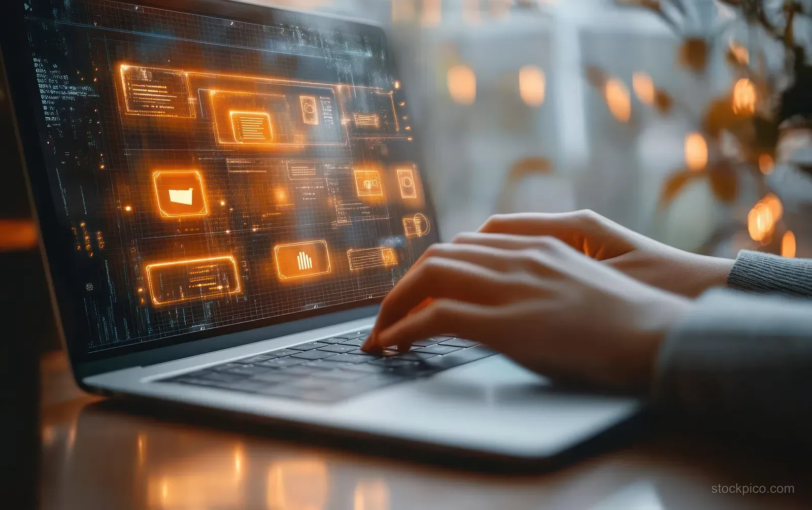 A hand typing beside a laptop showing glowing holographic file icons for document management.