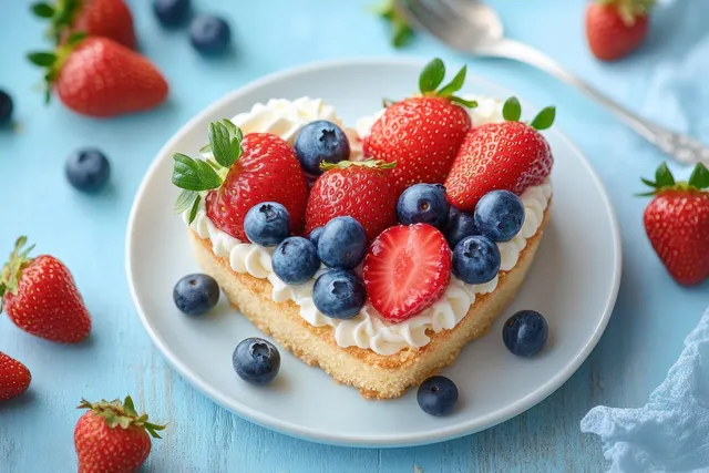 Heart-shaped strawberry tart with blueberries and fresh mint leaves on a blue plate