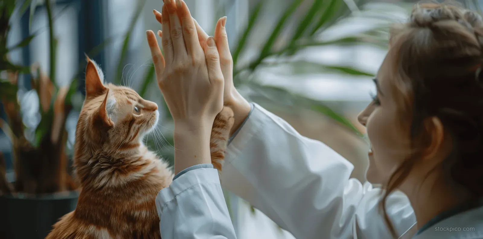 A woman and a ginger cat high five beside potted plants in a sunlit room.