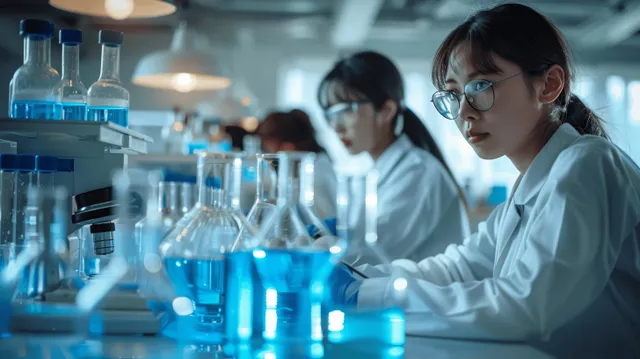 Scientists in white lab coats operate microscopes and pipettes in a sunlit medical research laboratory.