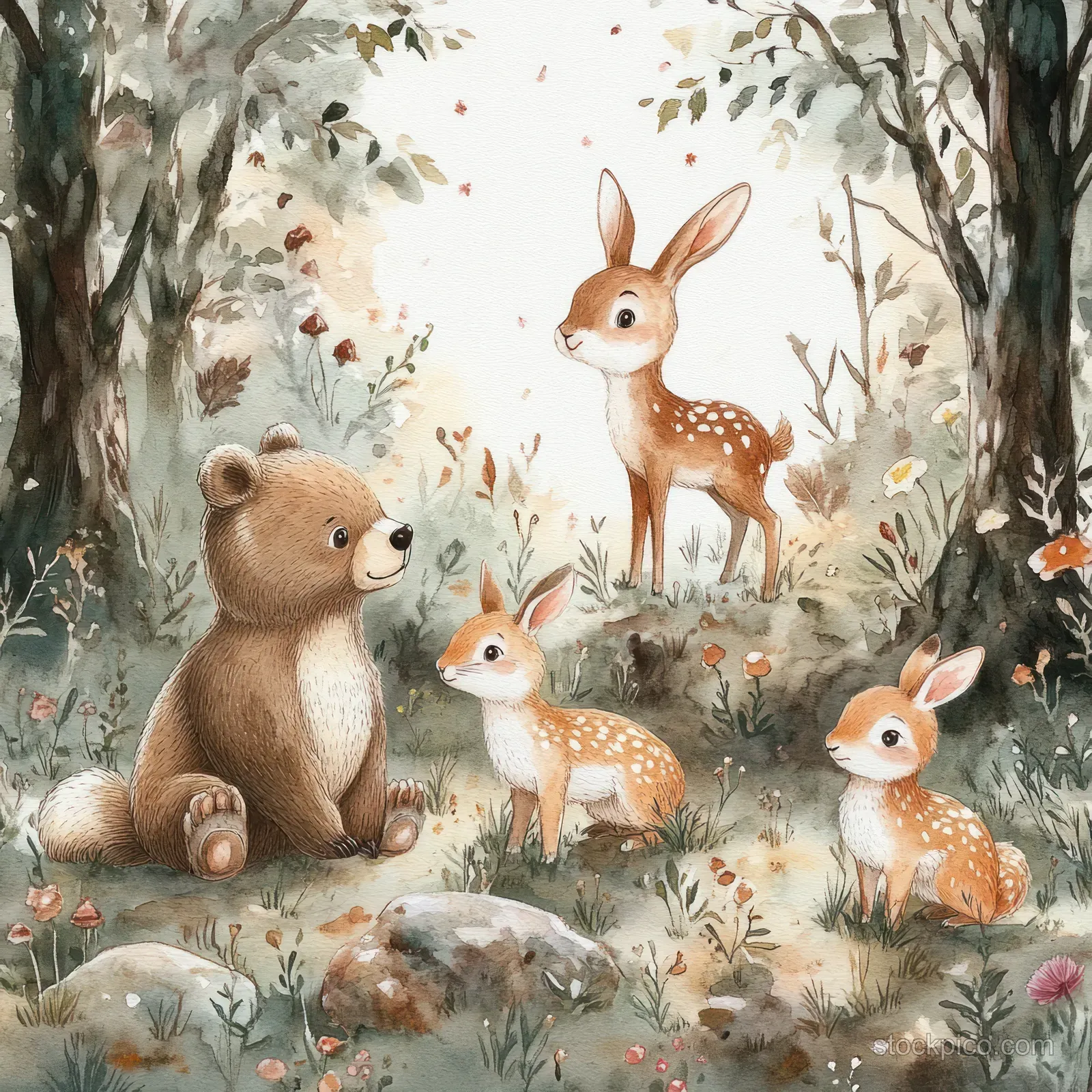 Watercolor bear and deer fawns sit in a misty forest clearing with wildflowers and leafy branches behind them.