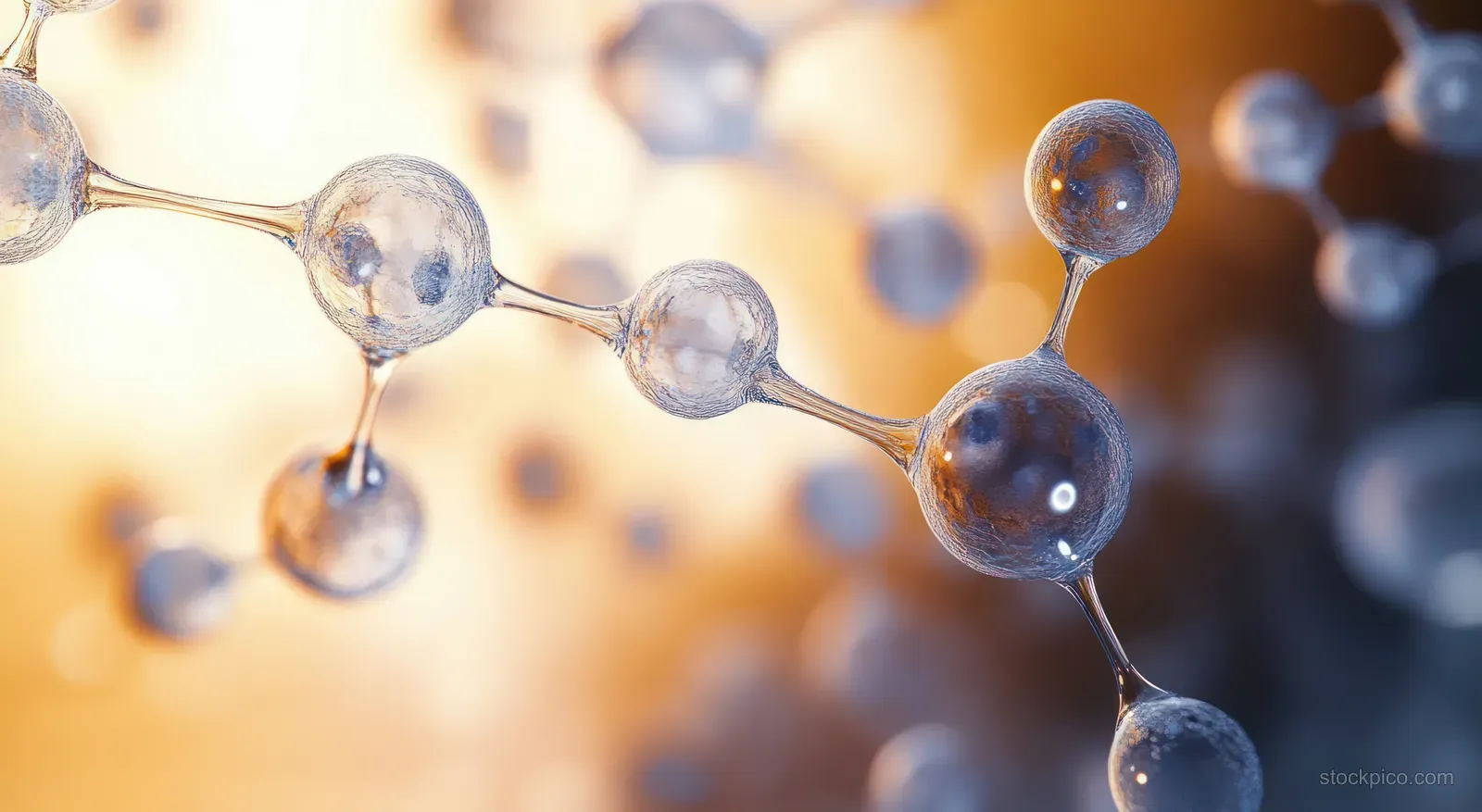 Glowing spherical atoms connected by molecular bonds float over a softly blurred science background.